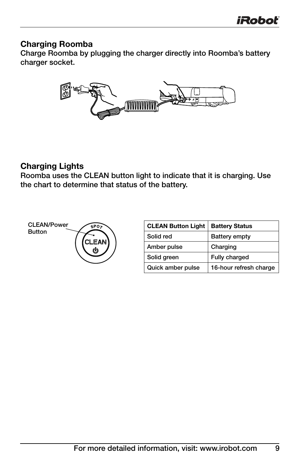 Charging lights, Charging roomba | iRobot Roomba Discovery Series 430 User Manual | Page 9 / 16