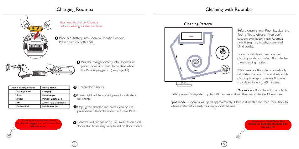 Cleaning with roomba charging roomba, Cleaning pattern | iRobot 4210 User Manual | Page 4 / 10