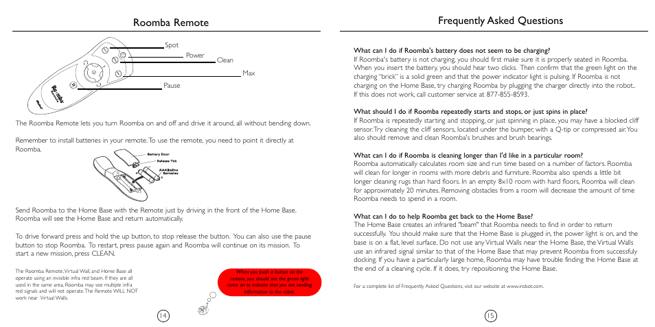 Frequently asked questions, Roomba remote | iRobot 4210 User Manual | Page 9 / 10