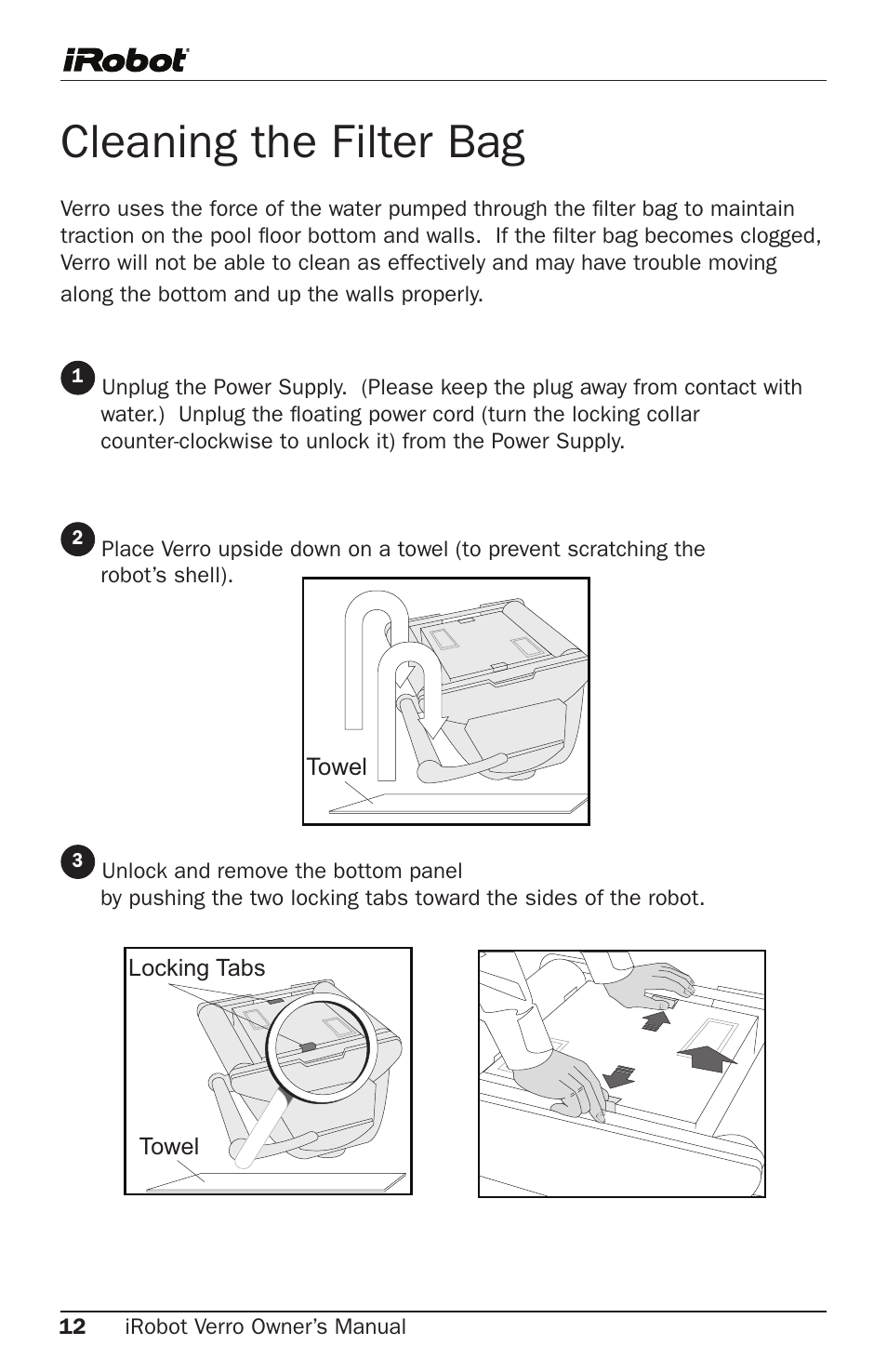 Cleaning the filter bag | iRobot 600 User Manual | Page 12 / 22