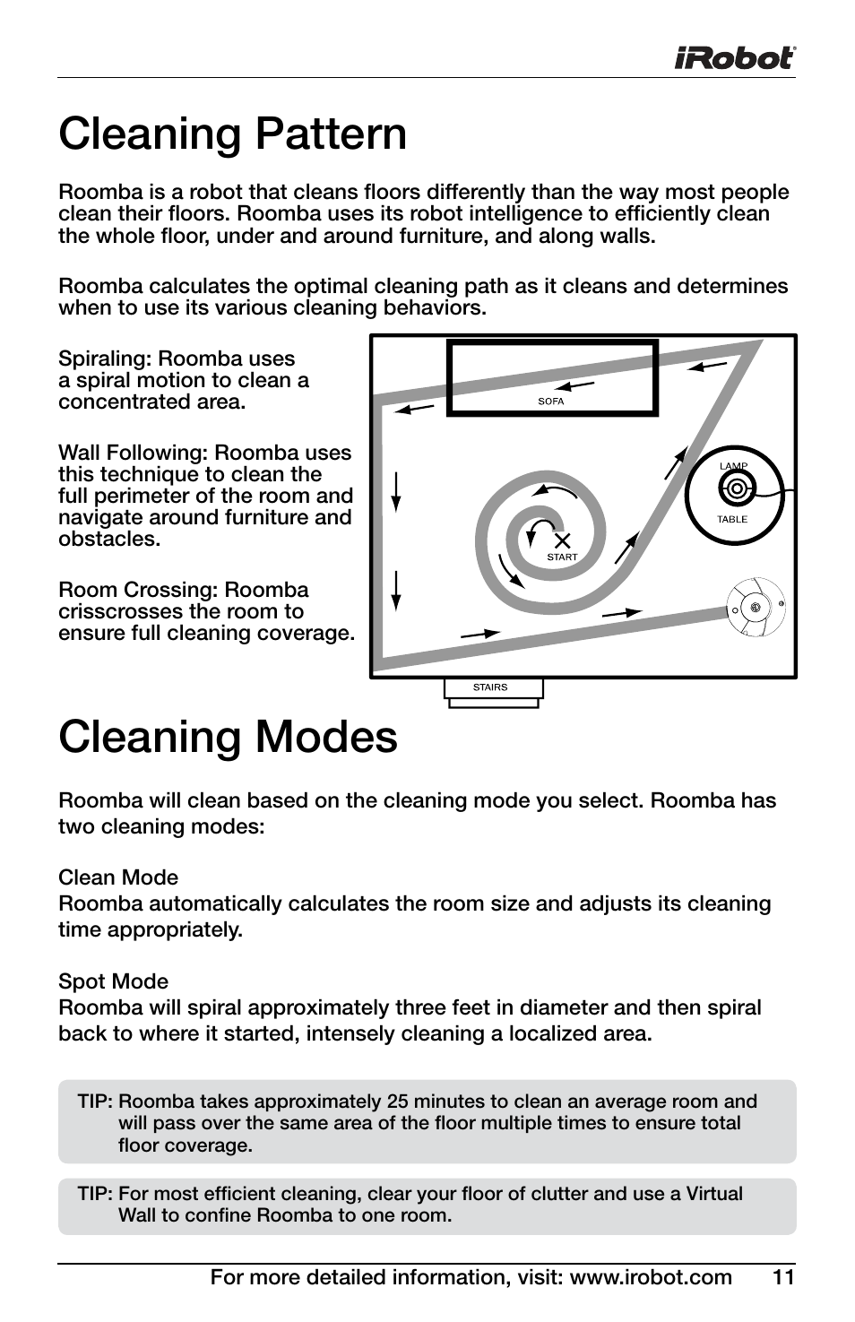 Cleaning pattern, Cleaning modes | iRobot DISCOVERY 400 User Manual | Page 11 / 28