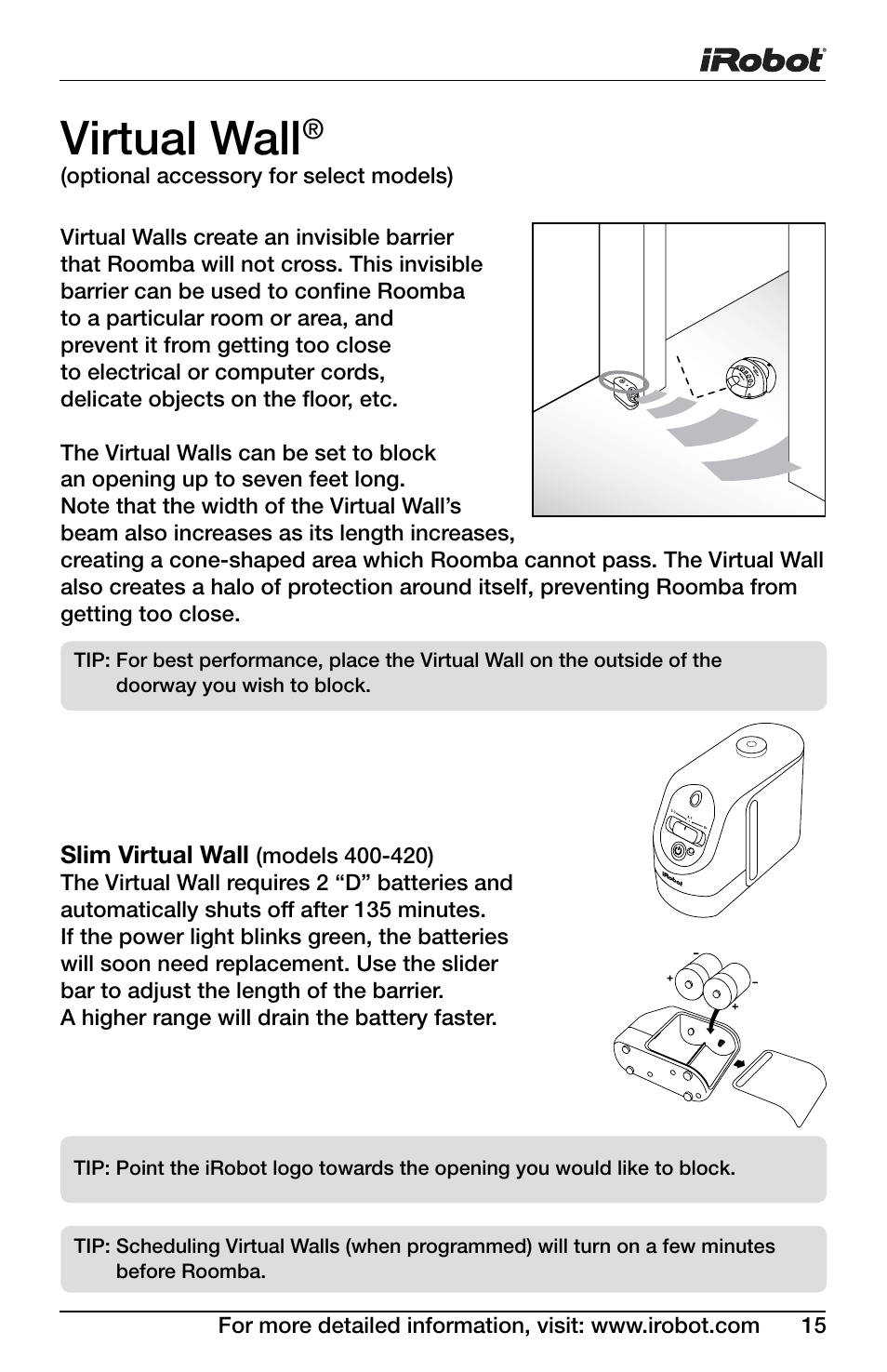 Virtual wall | iRobot DISCOVERY 400 User Manual | Page 15 / 28