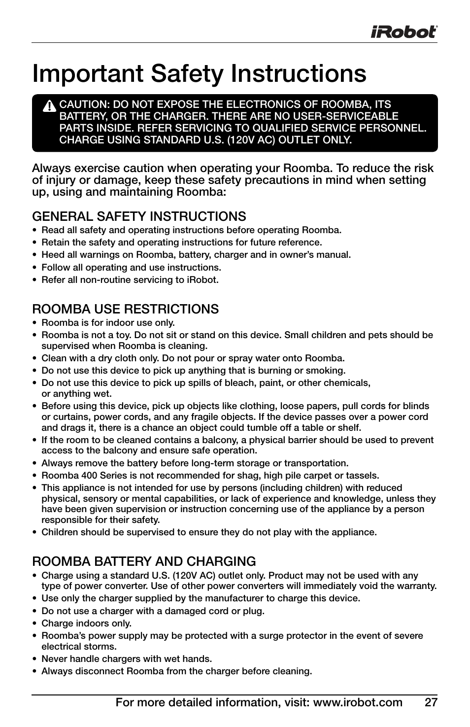 Important safety instructions, General safety instructions, Roomba use restrictions | Roomba battery and charging | iRobot DISCOVERY 400 User Manual | Page 27 / 28