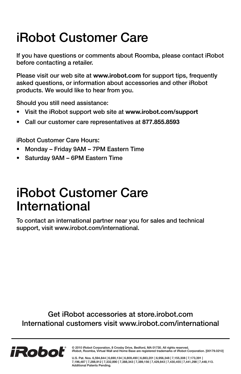 Irobot customer care, Irobot customer care international | iRobot DISCOVERY 400 User Manual | Page 28 / 28