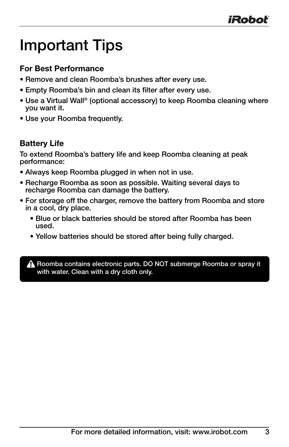 Important tips | iRobot DISCOVERY 400 User Manual | Page 3 / 28