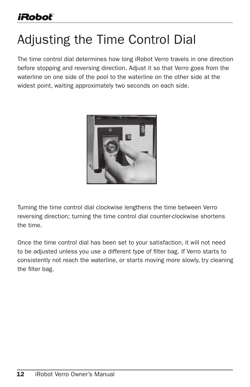 Adjusting the time control dial | iRobot 300 User Manual | Page 12 / 28