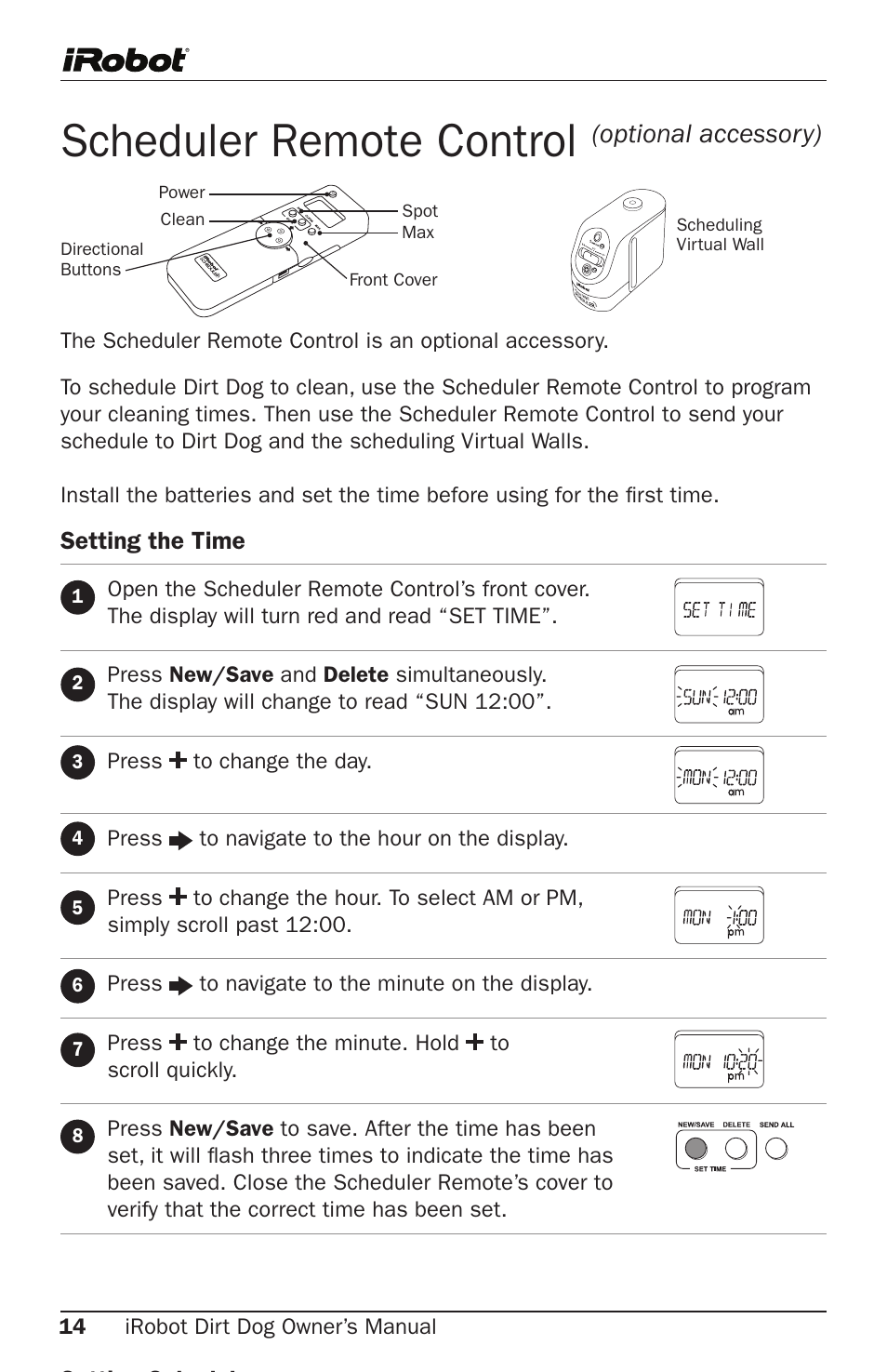 Scheduler remote control, Optional accessory) | iRobot Robot User Manual | Page 14 / 22