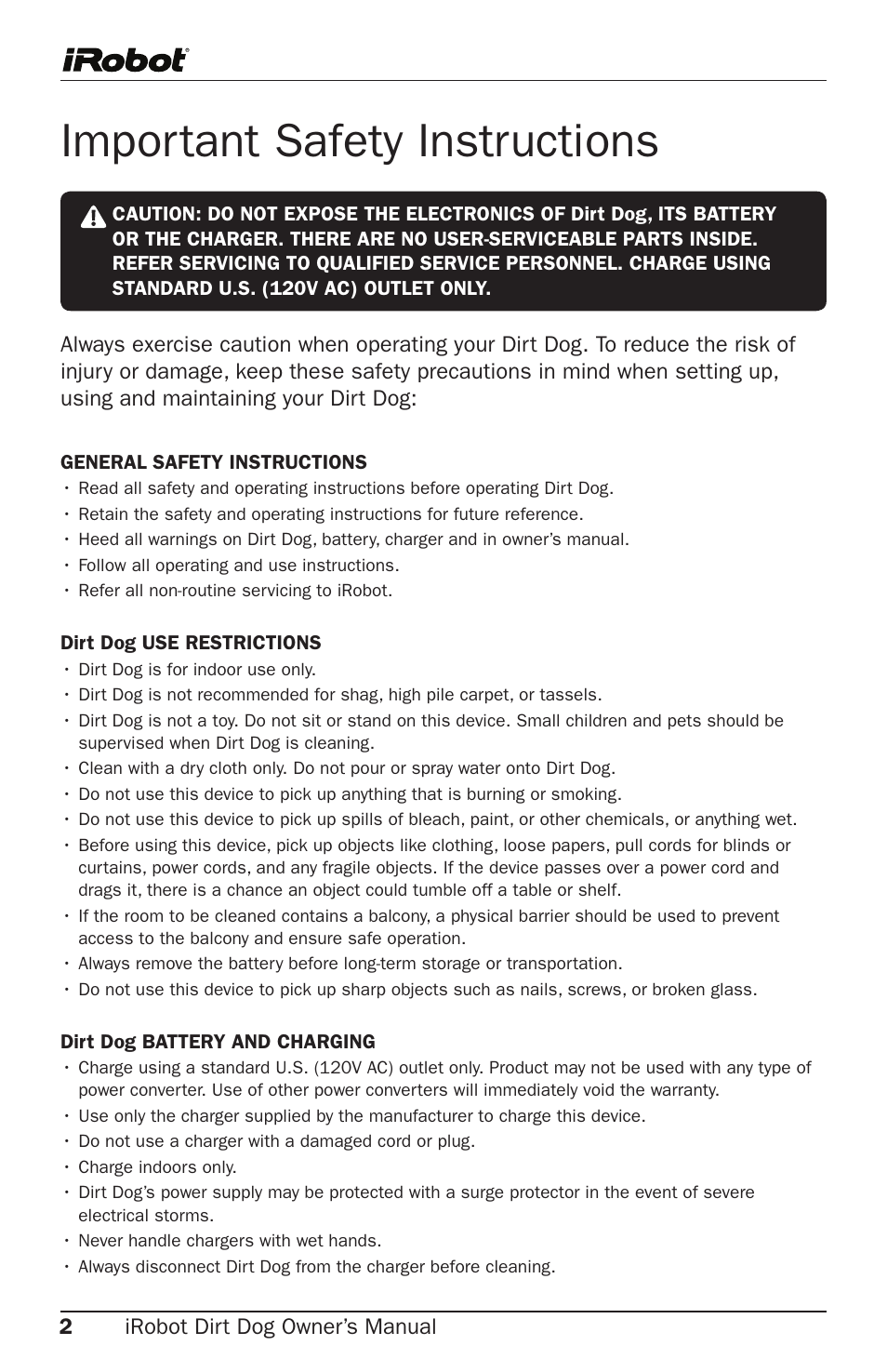 Important safety instructions | iRobot Robot User Manual | Page 2 / 22