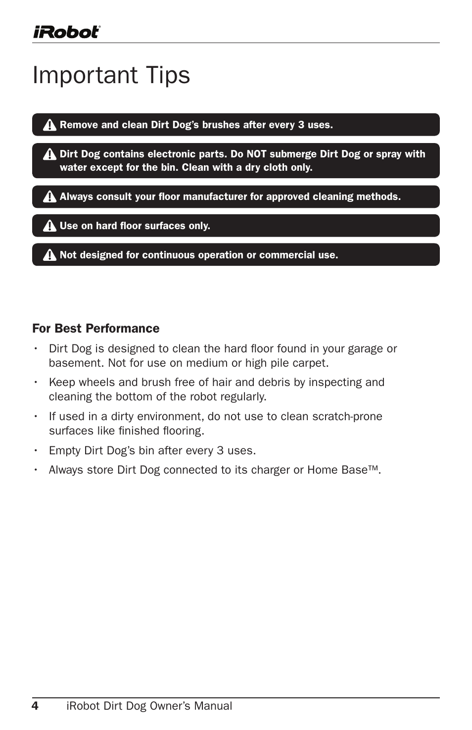 Important tips | iRobot Robot User Manual | Page 4 / 22