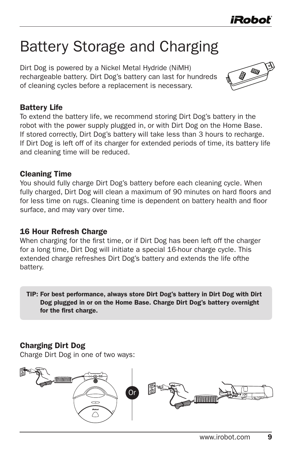 Battery storage and charging | iRobot Robot User Manual | Page 9 / 22