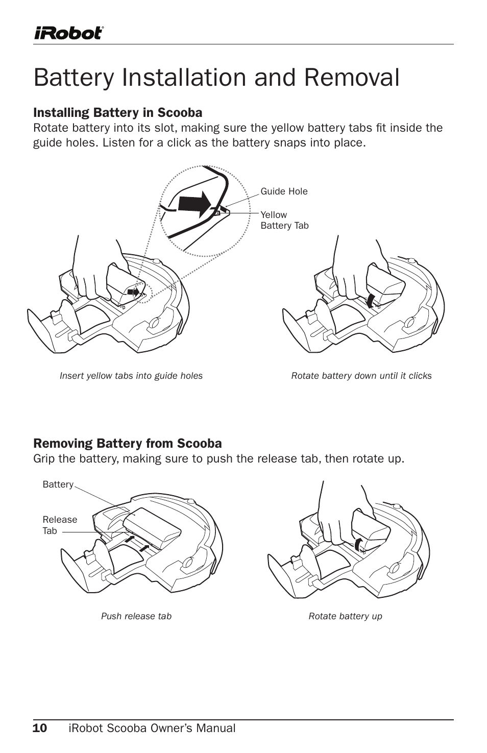 Battery installation and removal | iRobot Cleaning System User Manual | Page 10 / 30