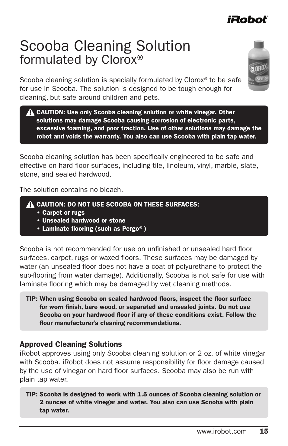 Scooba cleaning solution, Formulated by clorox | iRobot Cleaning System User Manual | Page 15 / 30