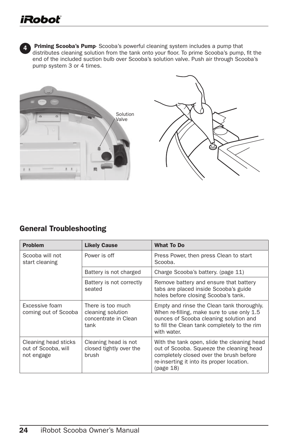 General troubleshooting, 2 irobot scooba owner’s manual | iRobot Cleaning System User Manual | Page 24 / 30