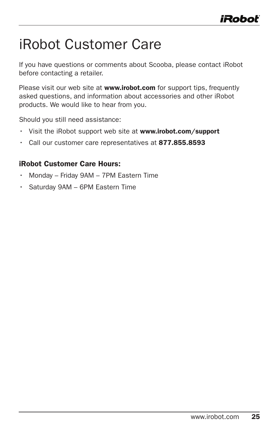 Irobot customer care | iRobot Cleaning System User Manual | Page 25 / 30