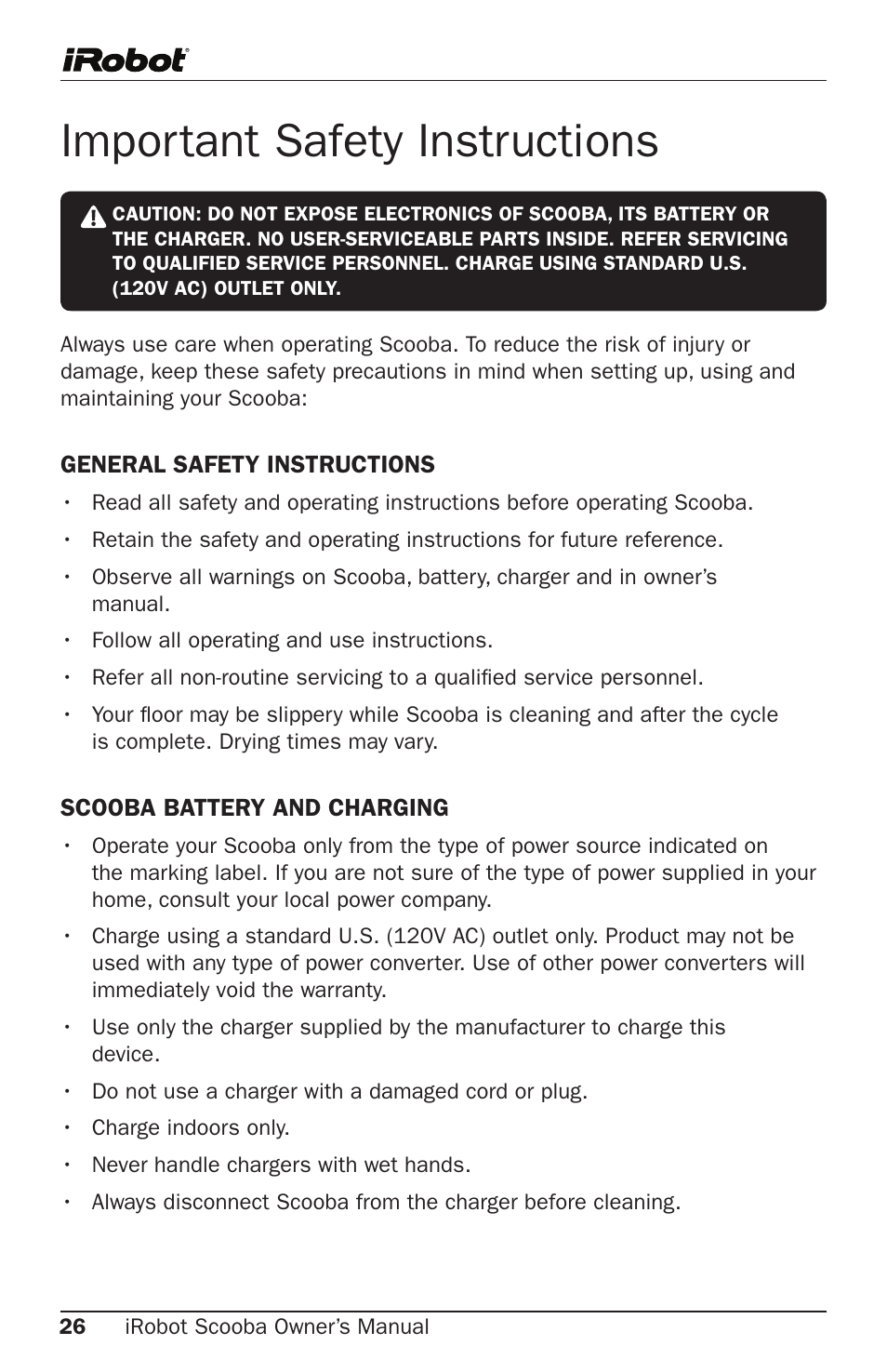 Important safety instructions | iRobot Cleaning System User Manual | Page 26 / 30