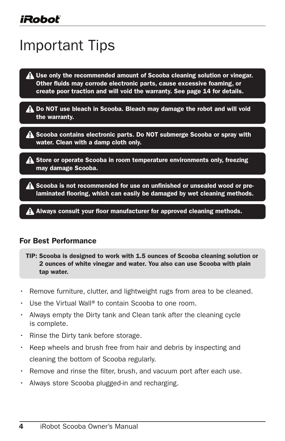 Important tips | iRobot Cleaning System User Manual | Page 4 / 30