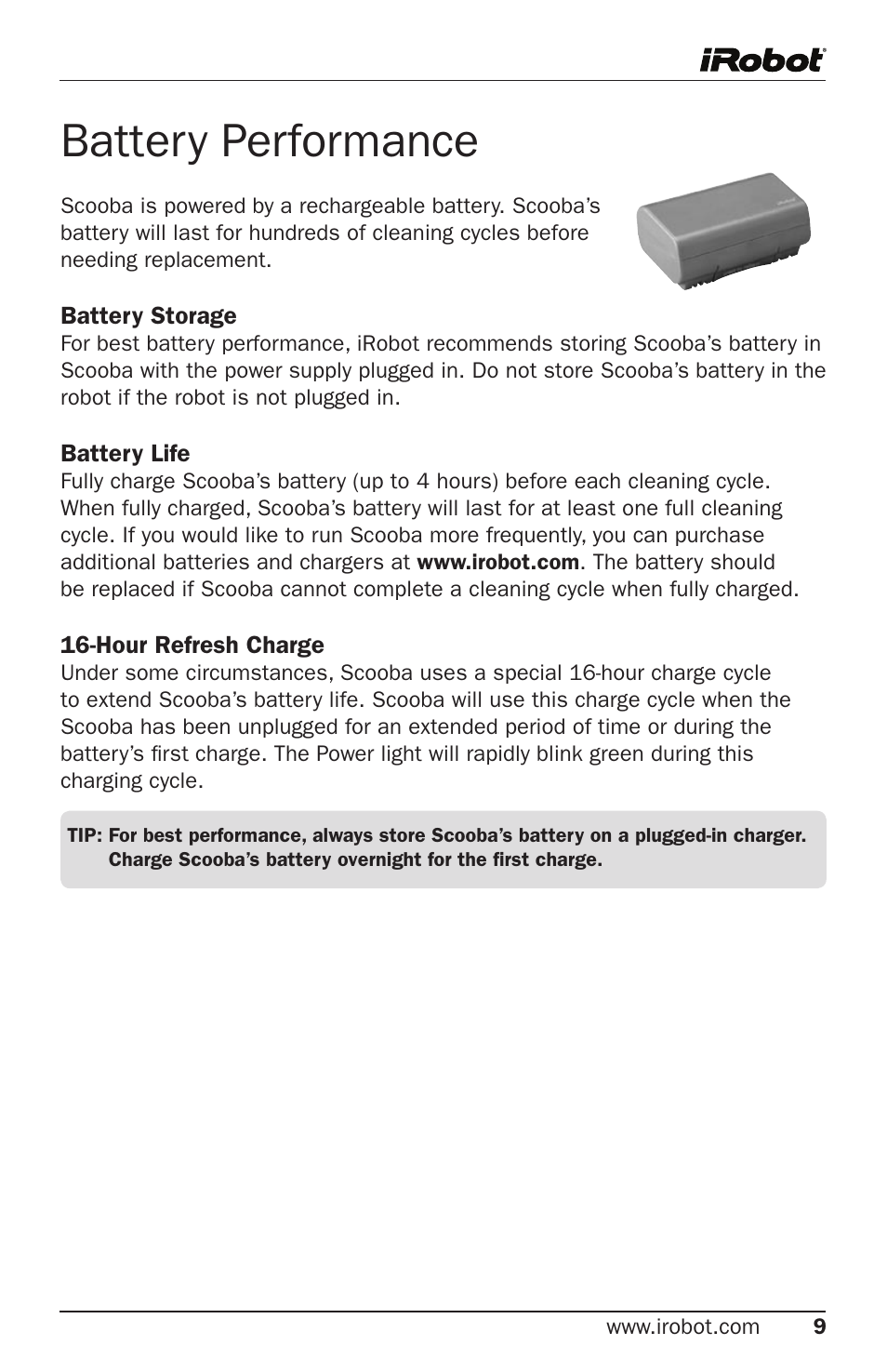 Battery performance | iRobot Cleaning System User Manual | Page 9 / 30