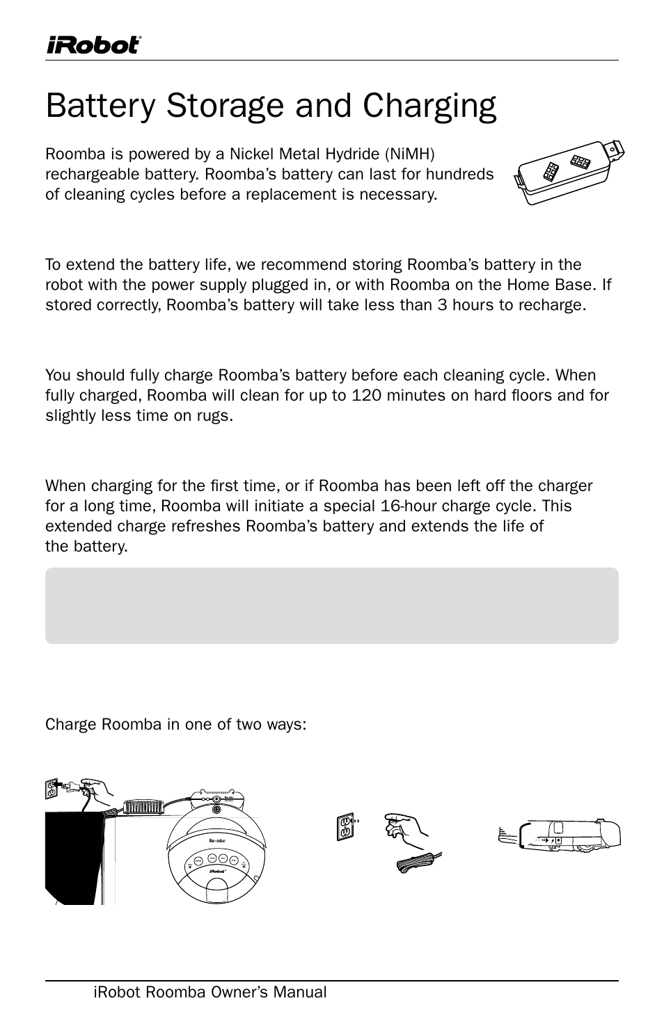 Battery storage and charging | iRobot Roomba User Manual | Page 10 / 24