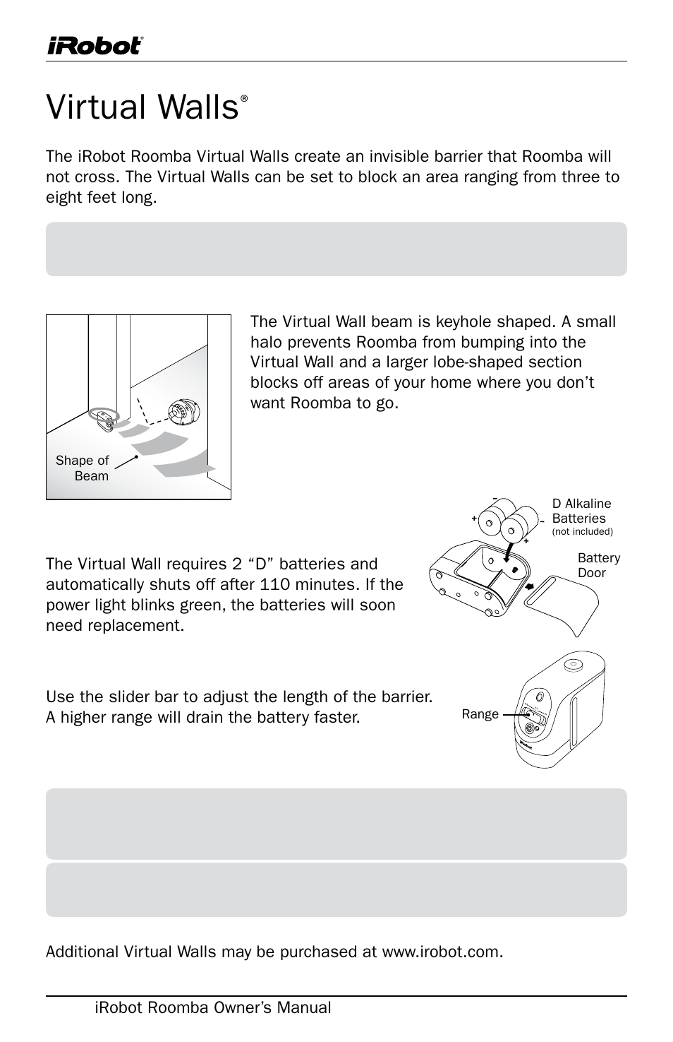 Virtual walls | iRobot Roomba User Manual | Page 12 / 24