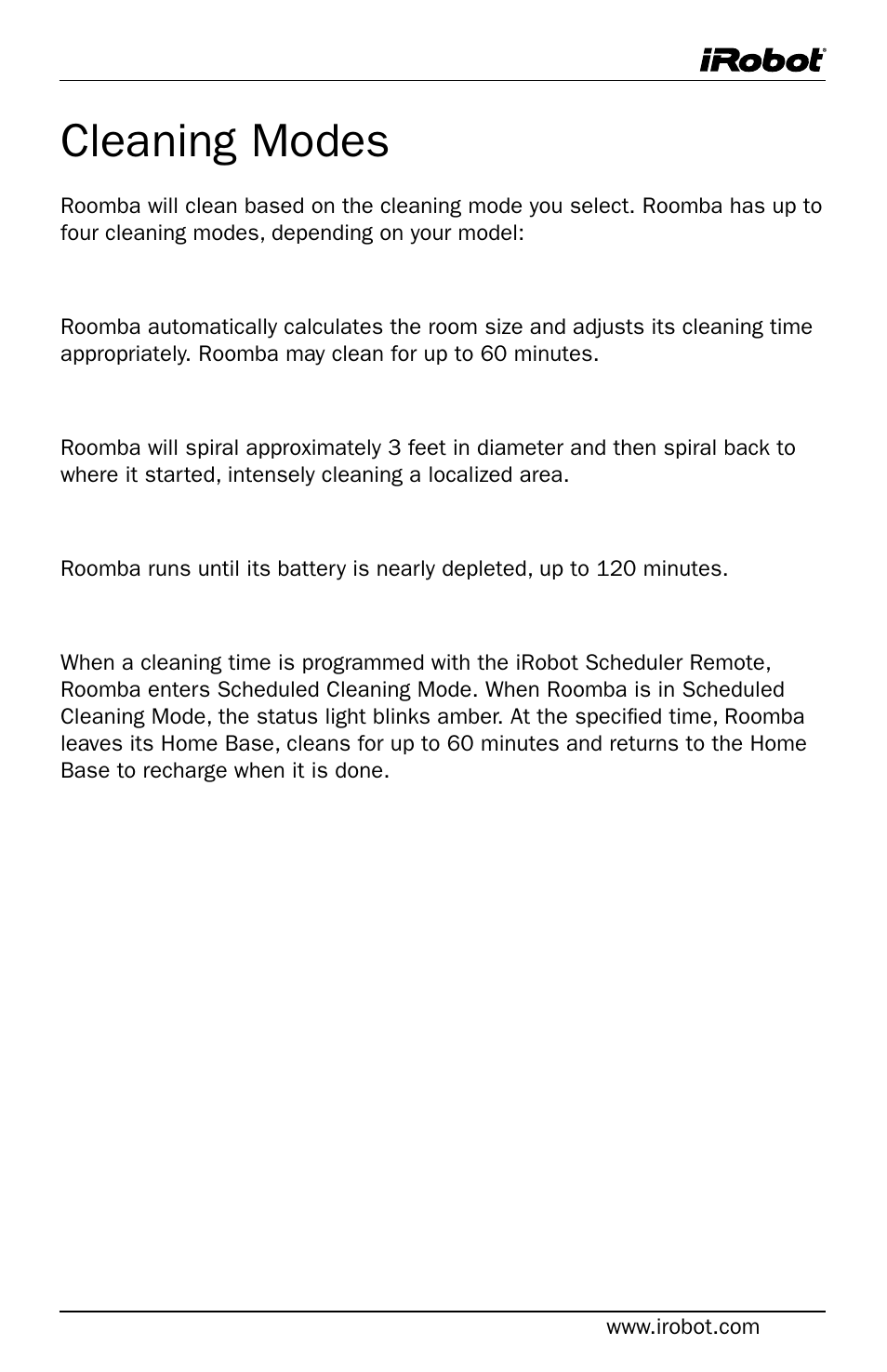 Cleaning modes | iRobot Roomba User Manual | Page 9 / 24