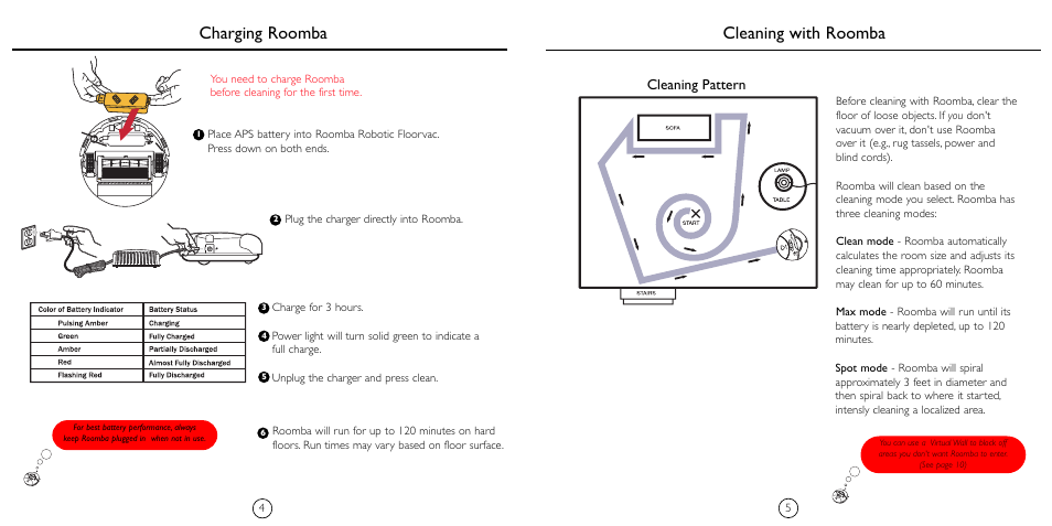 Cleaning with roomba charging roomba, Cleaning pattern | iRobot 4105 User Manual | Page 4 / 8