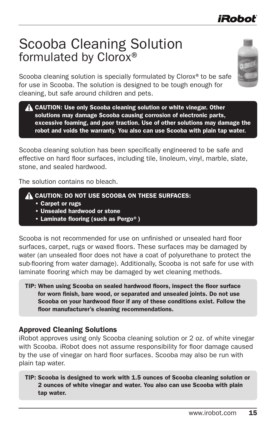 Scooba cleaning solution, Formulated by clorox | iRobot 5800 User Manual | Page 15 / 30