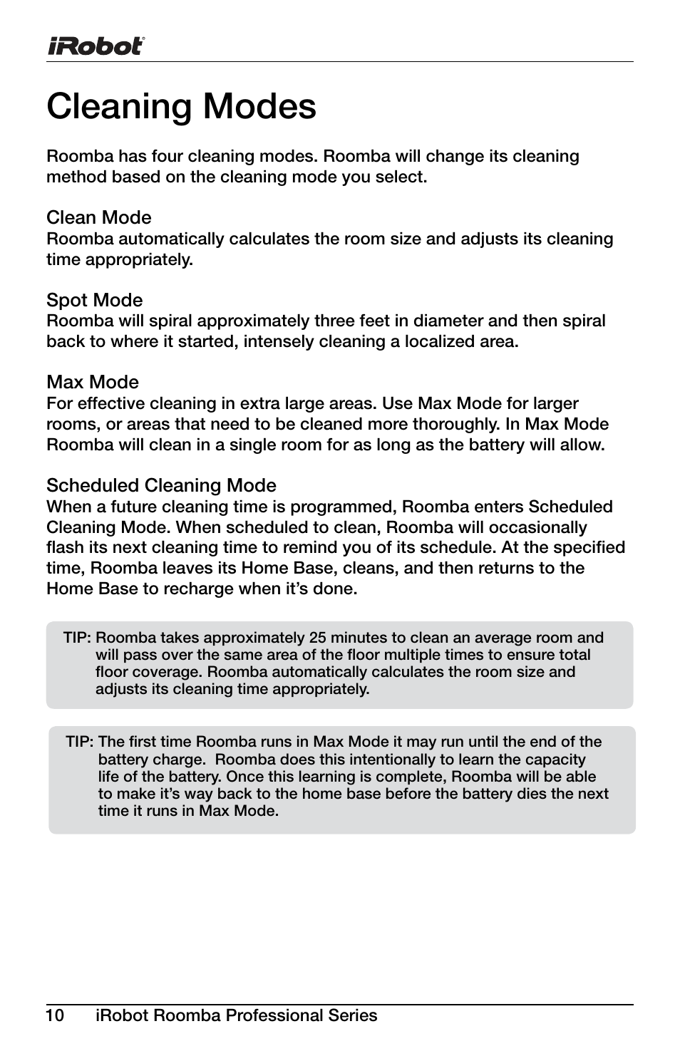 Cleaning modes | iRobot Roomba Professional Series User Manual | Page 10 / 27