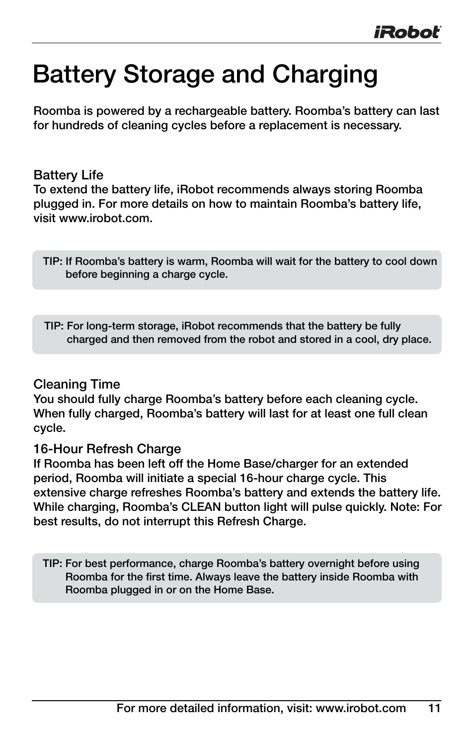 Battery storage and charging | iRobot Roomba Professional Series User Manual | Page 11 / 27