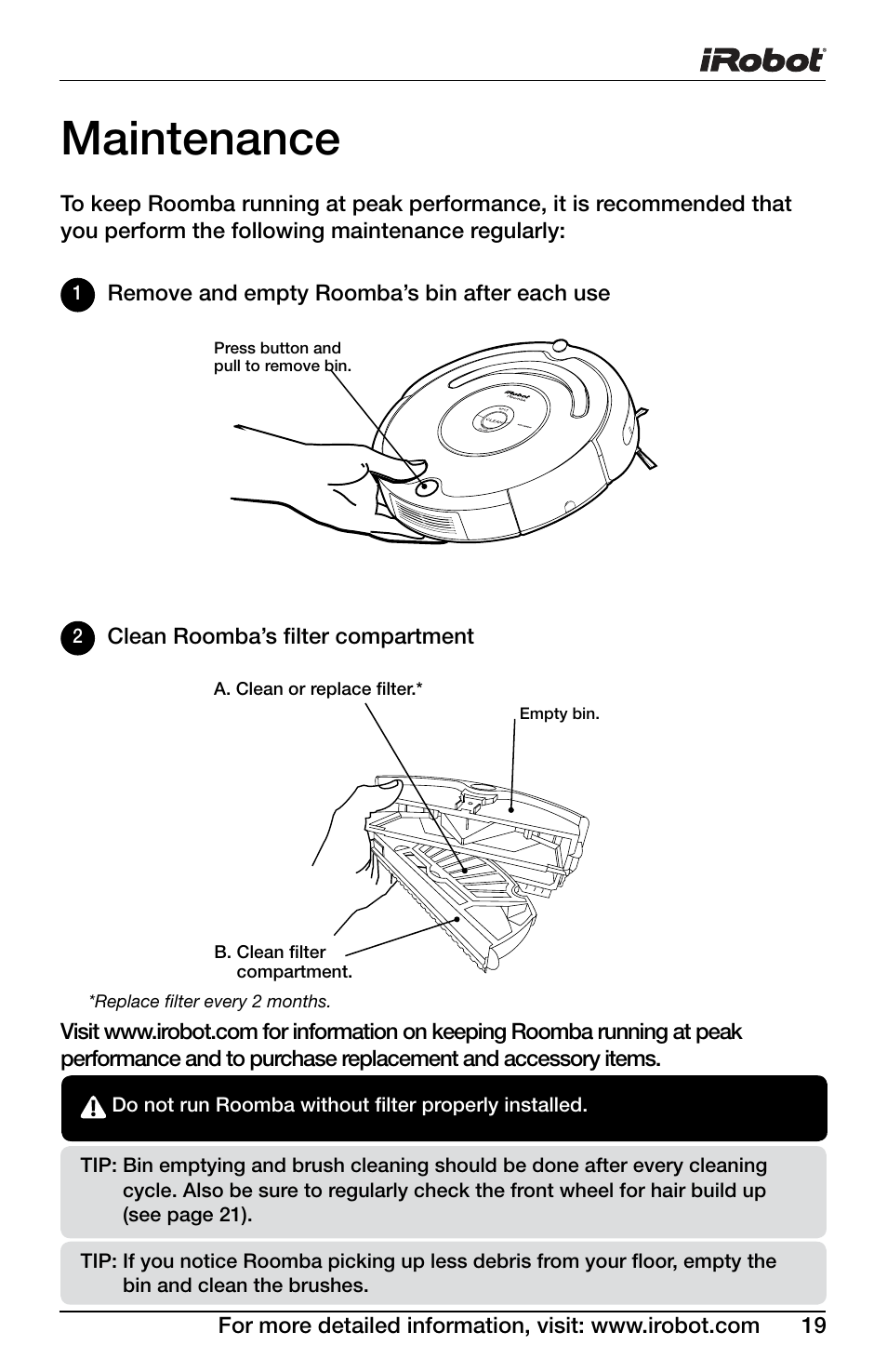 Maintenance | iRobot Roomba Professional Series User Manual | Page 19 / 27