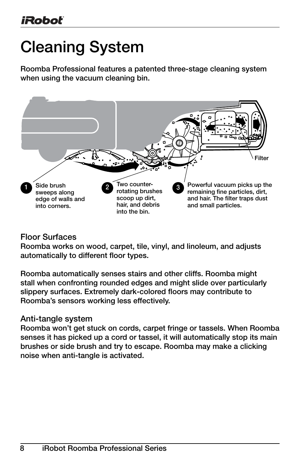 Cleaning system, Floor surfaces, Anti-tangle system | iRobot Roomba Professional Series User Manual | Page 8 / 27