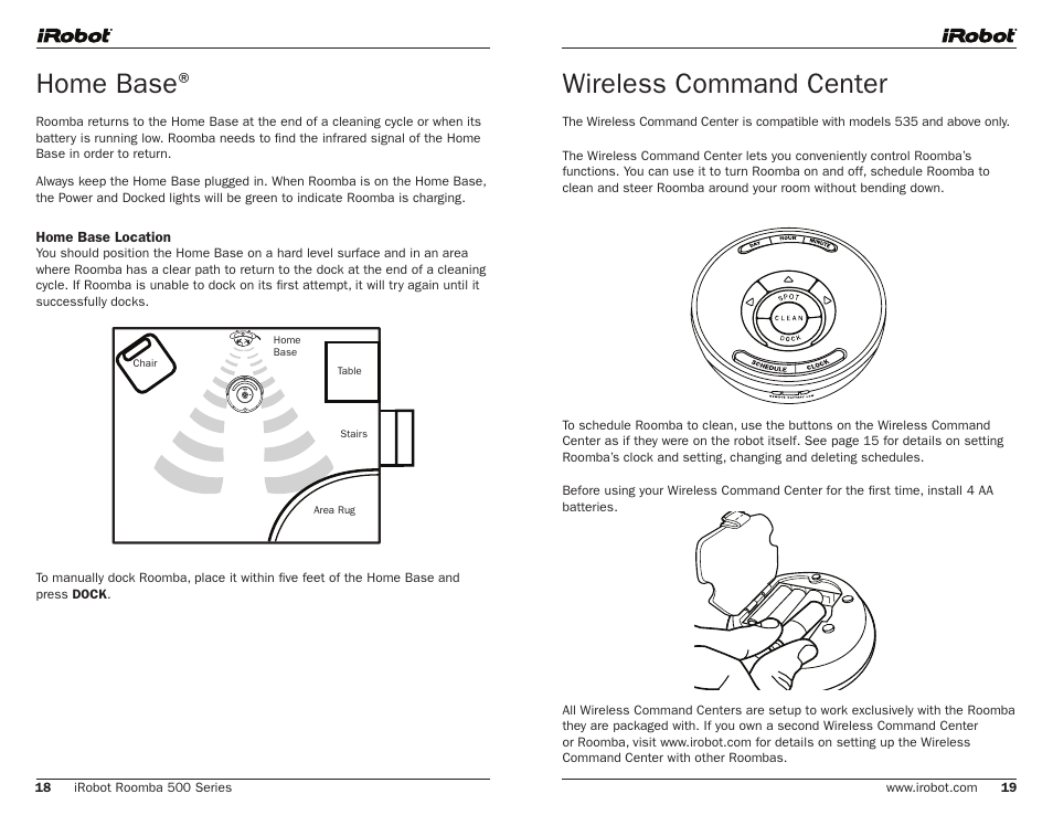 Home base, Wireless command center | iRobot 500 User Manual | Page 10 / 14