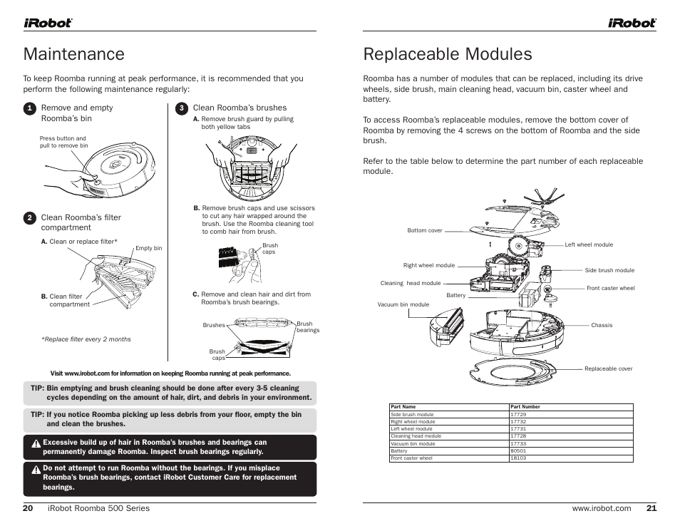 Maintenance, Replaceable modules | iRobot 500 User Manual | Page 11 / 14