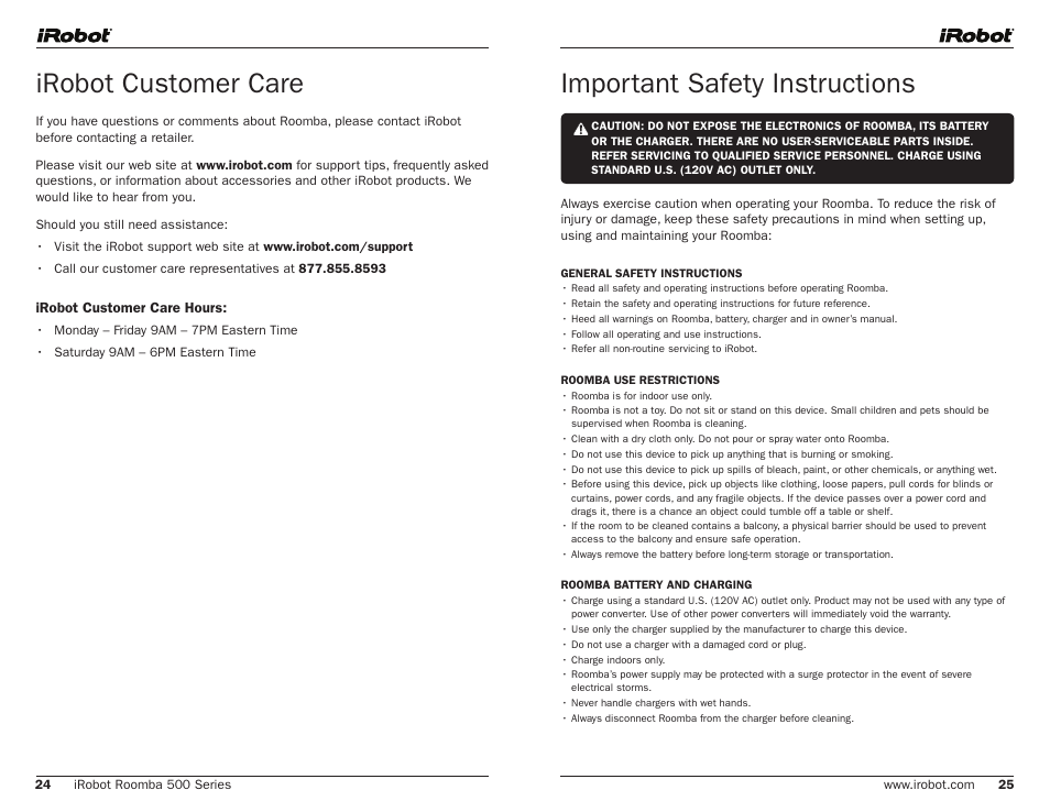 Irobot customer care, Important safety instructions | iRobot 500 User Manual | Page 13 / 14