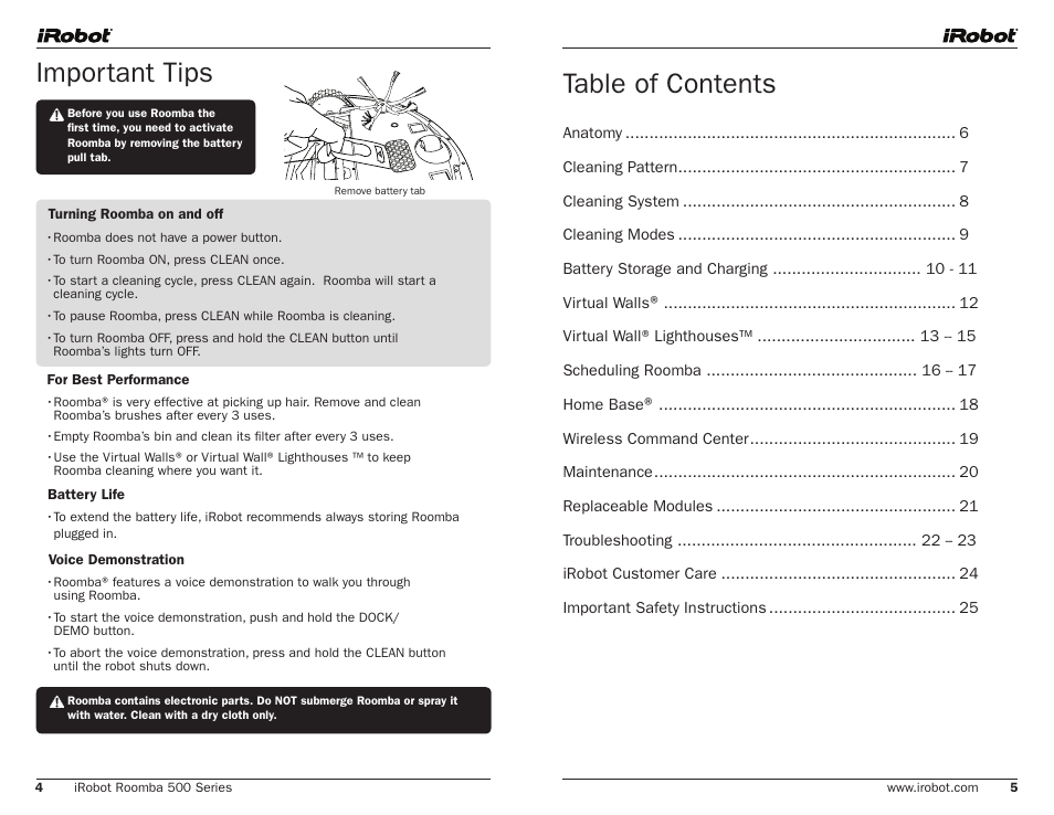 Important tips table of contents | iRobot 500 User Manual | Page 3 / 14