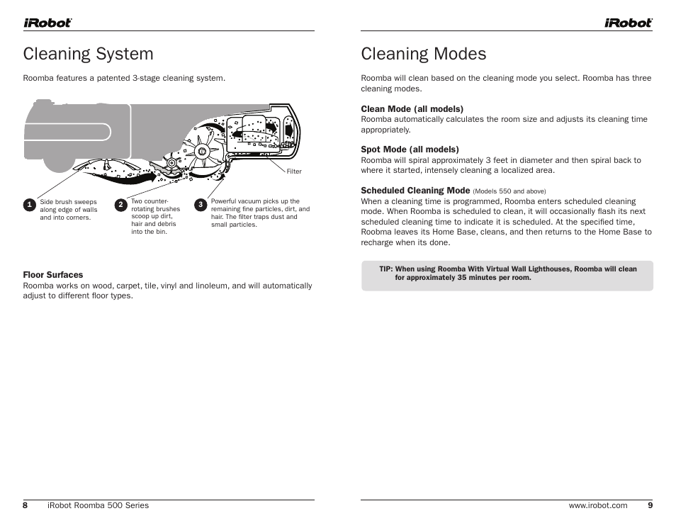 Cleaning system, Cleaning modes | iRobot 500 User Manual | Page 5 / 14