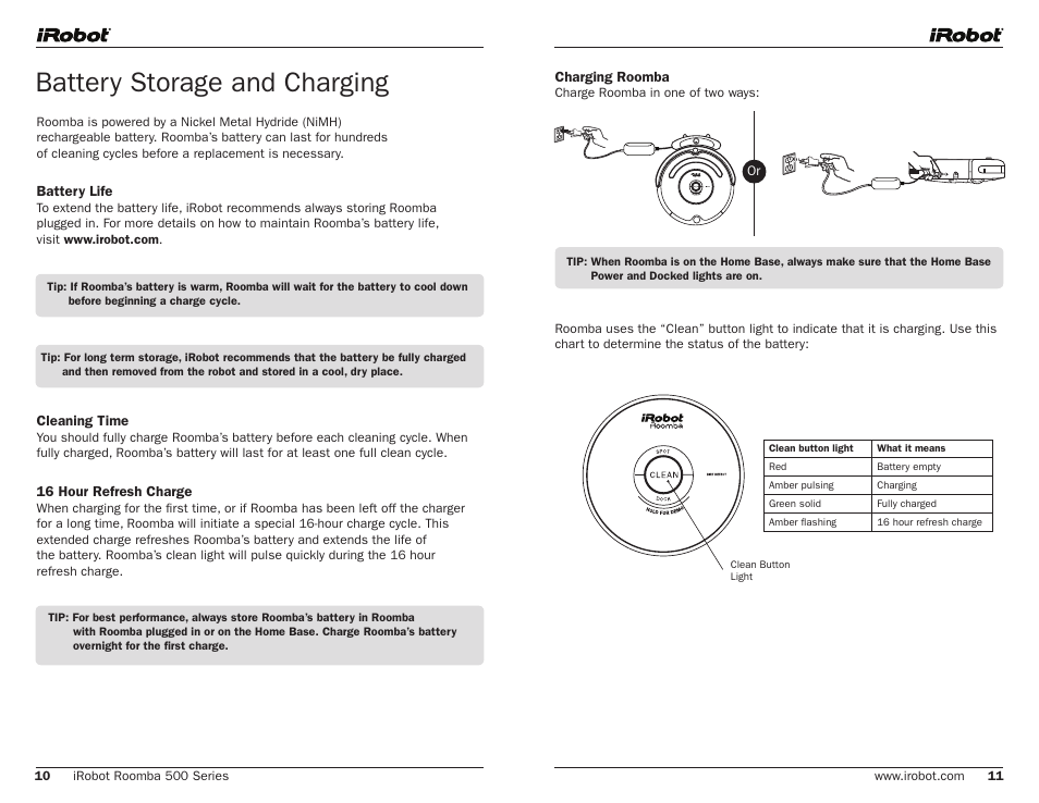 Battery storage and charging | iRobot 500 User Manual | Page 6 / 14