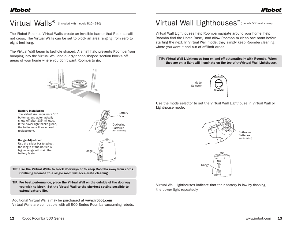 Virtual wall lighthouses, Virtual walls | iRobot 500 User Manual | Page 7 / 14