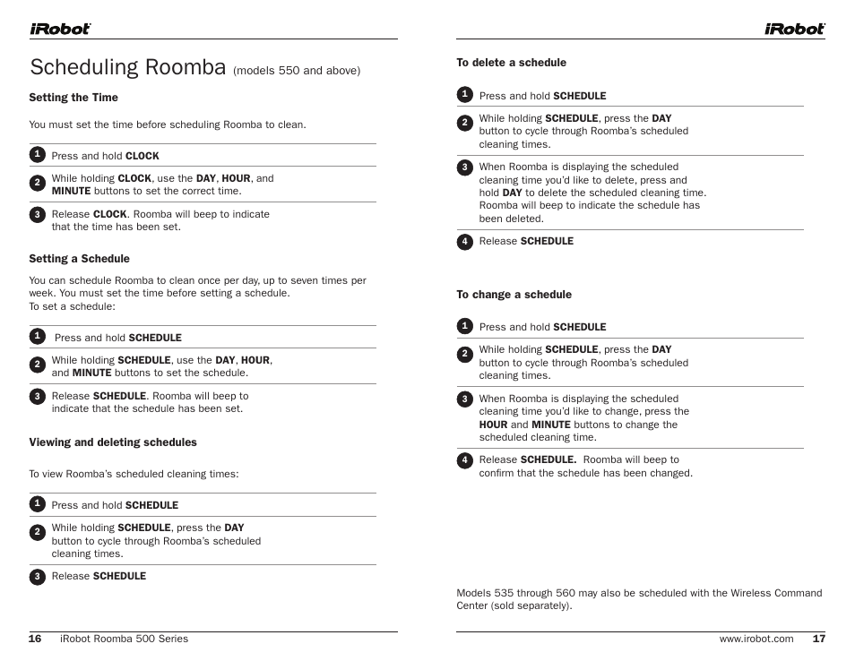 Scheduling roomba | iRobot 500 User Manual | Page 9 / 14
