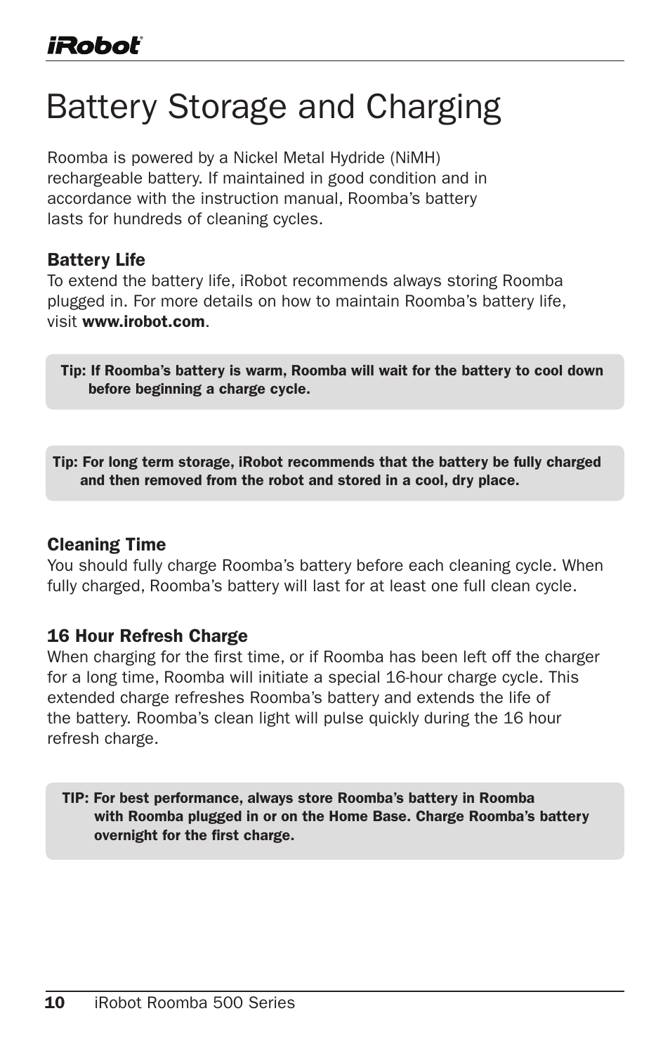 Battery storage and charging | iRobot Roomba 500 Series User Manual | Page 10 / 28