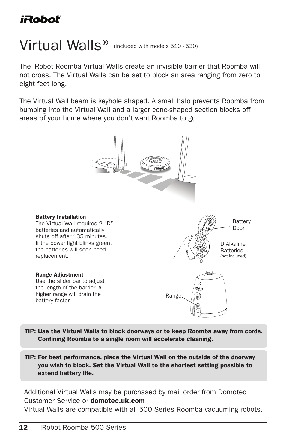 Virtual walls | iRobot Roomba 500 Series User Manual | Page 12 / 28