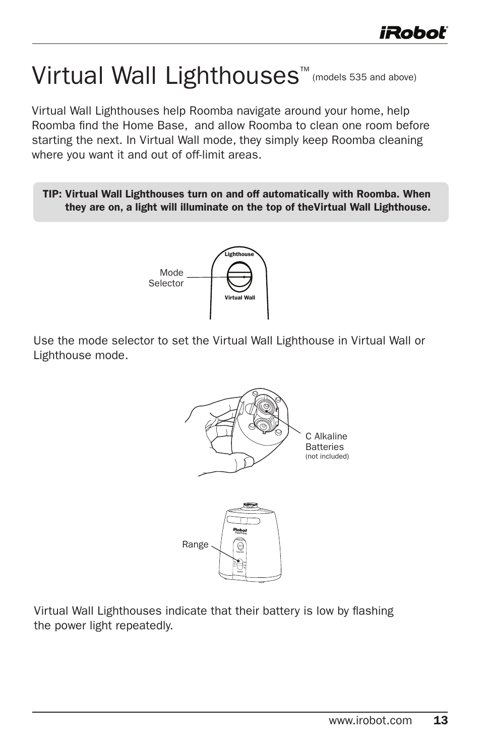 Virtual wall lighthouses | iRobot Roomba 500 Series User Manual | Page 13 / 28