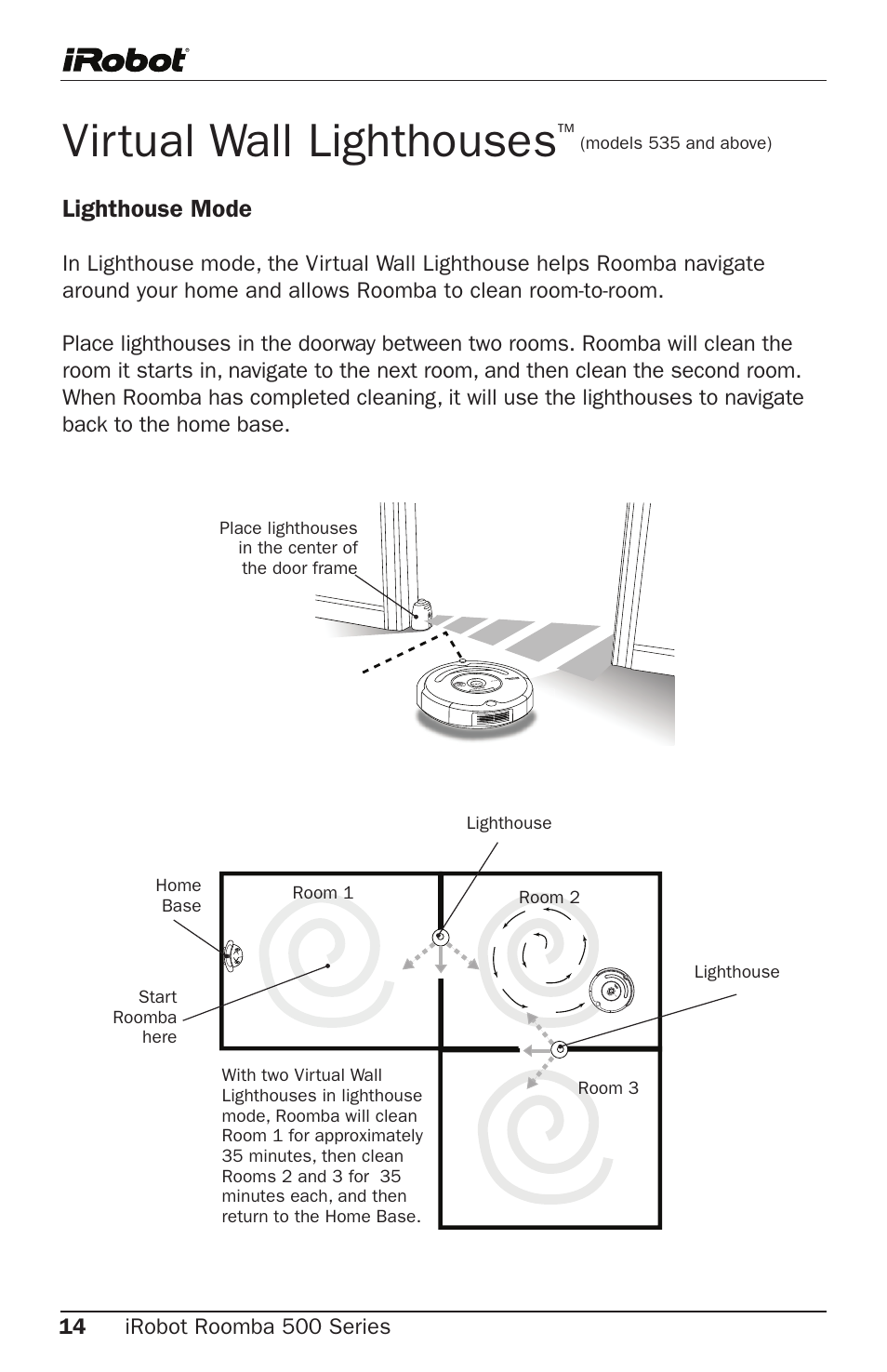 Virtual wall lighthouses, Lighthouse mode | iRobot Roomba 500 Series User Manual | Page 14 / 28