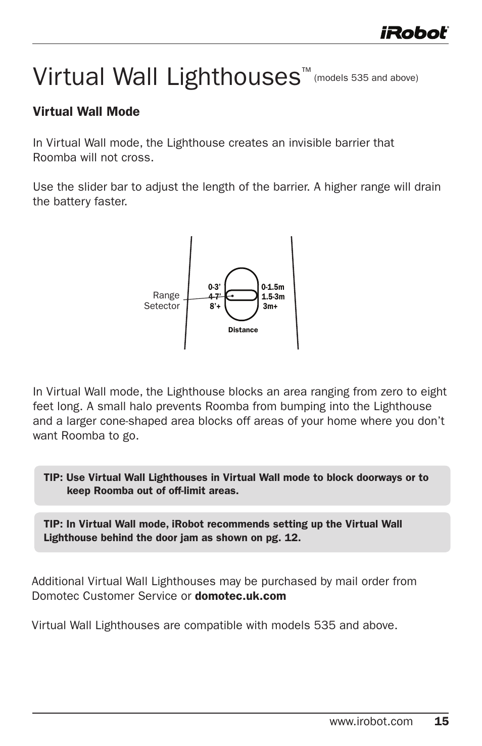 Virtual wall lighthouses, Virtual wall mode | iRobot Roomba 500 Series User Manual | Page 15 / 28