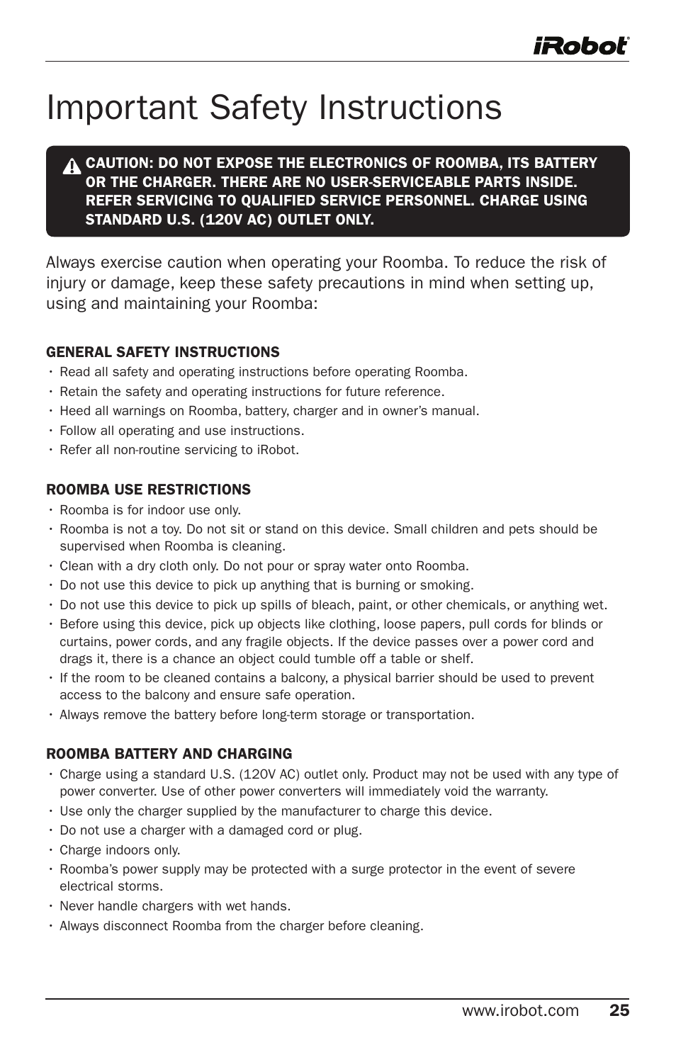 Important safety instructions | iRobot Roomba 500 Series User Manual | Page 25 / 28