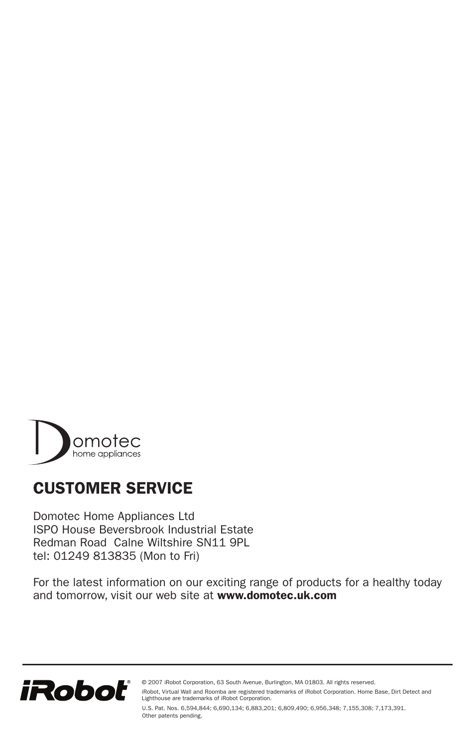 Customer service | iRobot Roomba 500 Series User Manual | Page 28 / 28