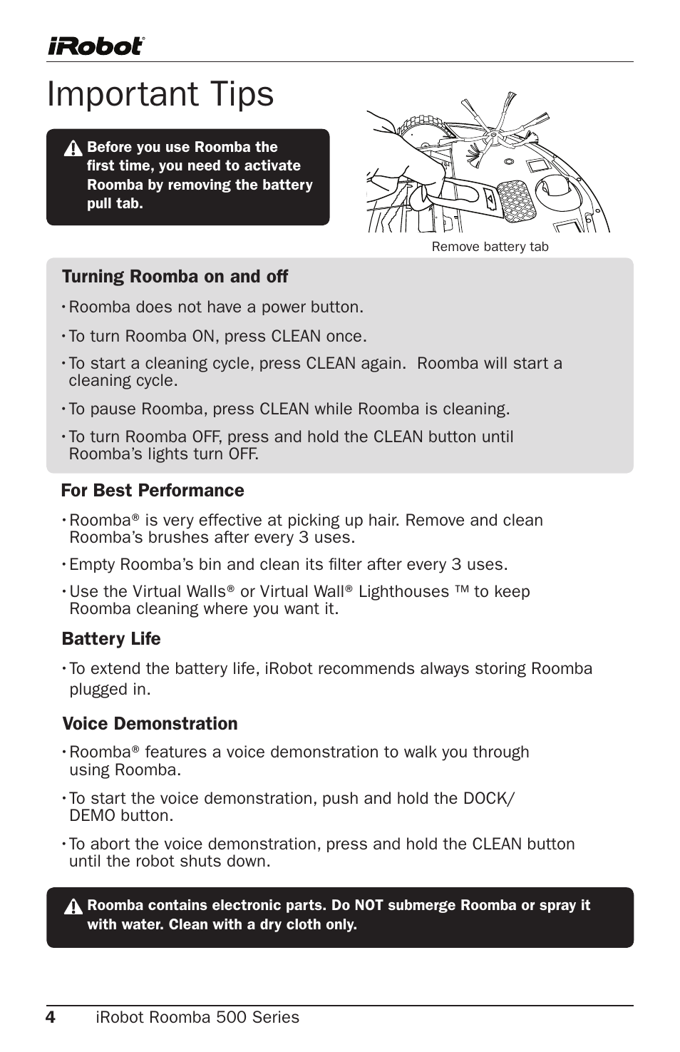 Important tips | iRobot Roomba 500 Series User Manual | Page 4 / 28