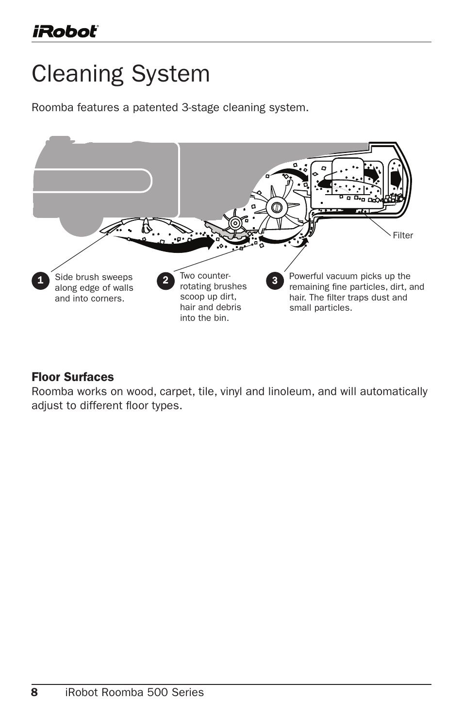 Cleaning system, Floor surfaces | iRobot Roomba 500 Series User Manual | Page 8 / 28