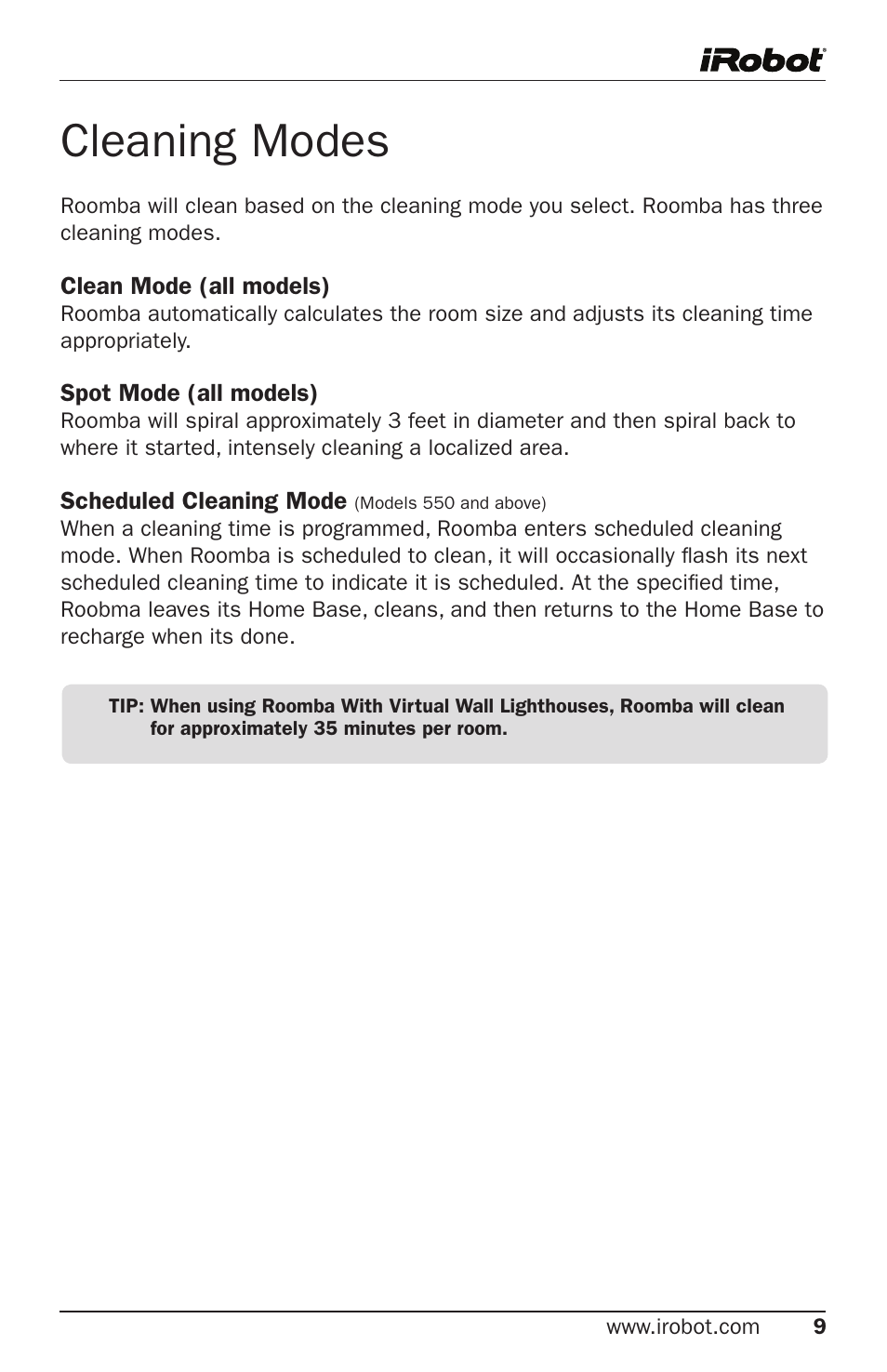 Cleaning modes | iRobot Roomba 500 Series User Manual | Page 9 / 28