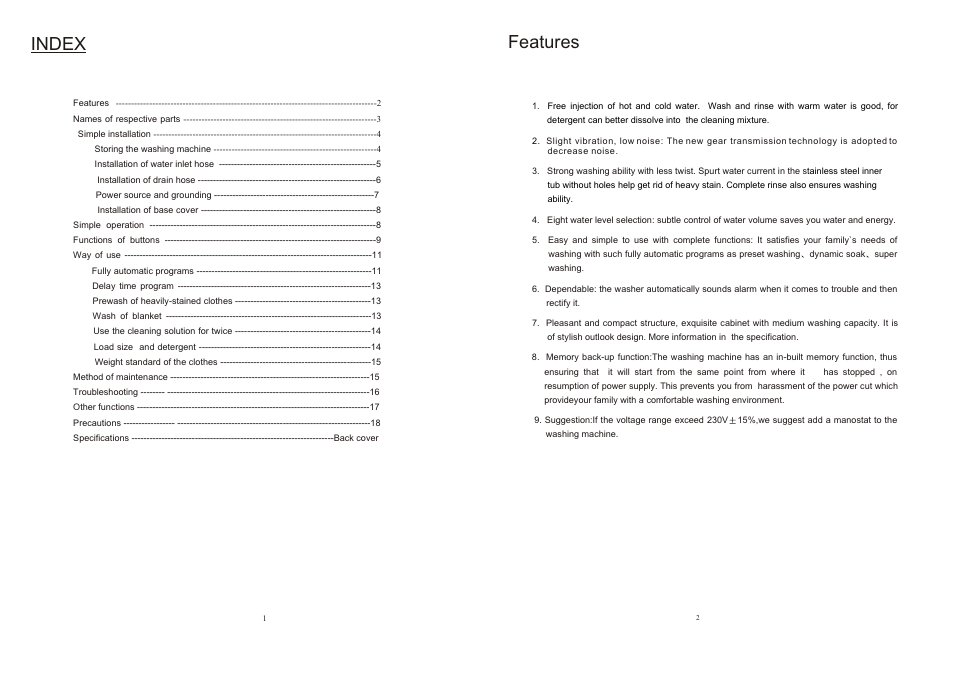 Т³гж 2, Index, Features | IFB Appliances AW60-9021 User Manual | Page 2 / 14