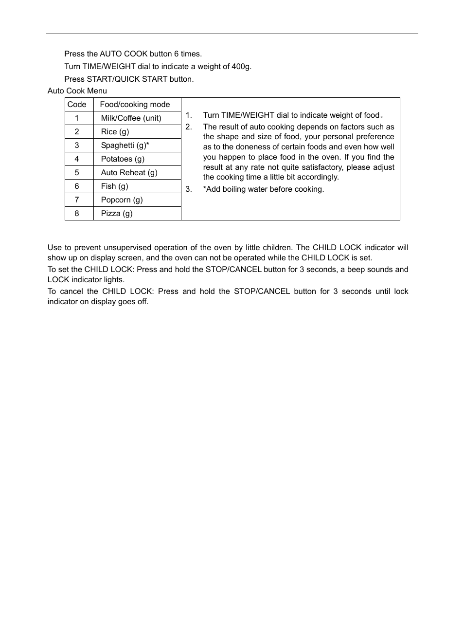 Code, Food/cooking mode, Child lock | IFB Appliances 17PM1S User Manual | Page 9 / 10